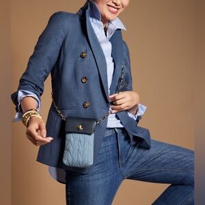 Talbots Luxe Italian Stretch Flannel Wool Double Breasted Blue Blazer Size 16